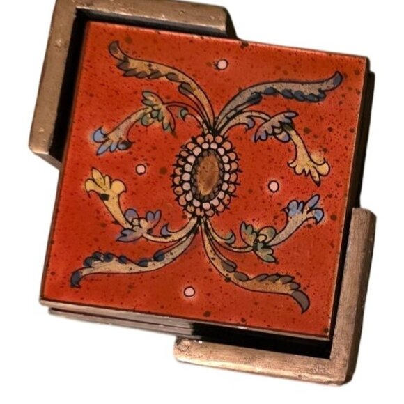 4 Vintage Coasters Square Floral Gold French Country & Holder 4x4 Inches - Picture 1 of 7